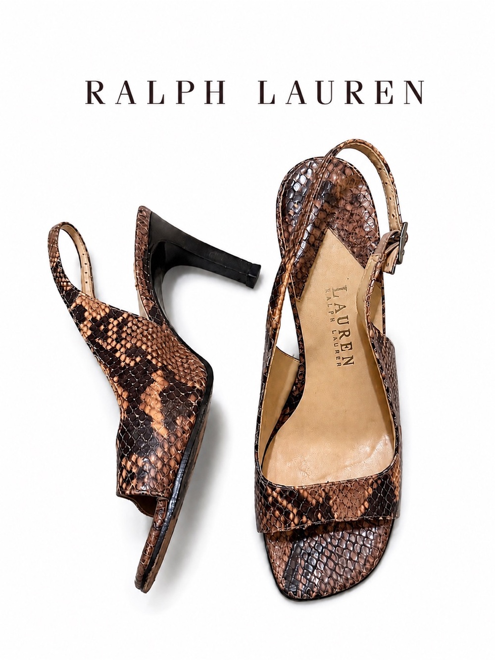Vintage Ralph Lauren Authentic Snakeskin Sling back open toe heels 6.5